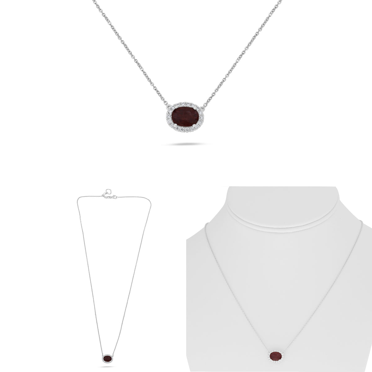 14K White Gold Oval Ruby Halo Necklace
