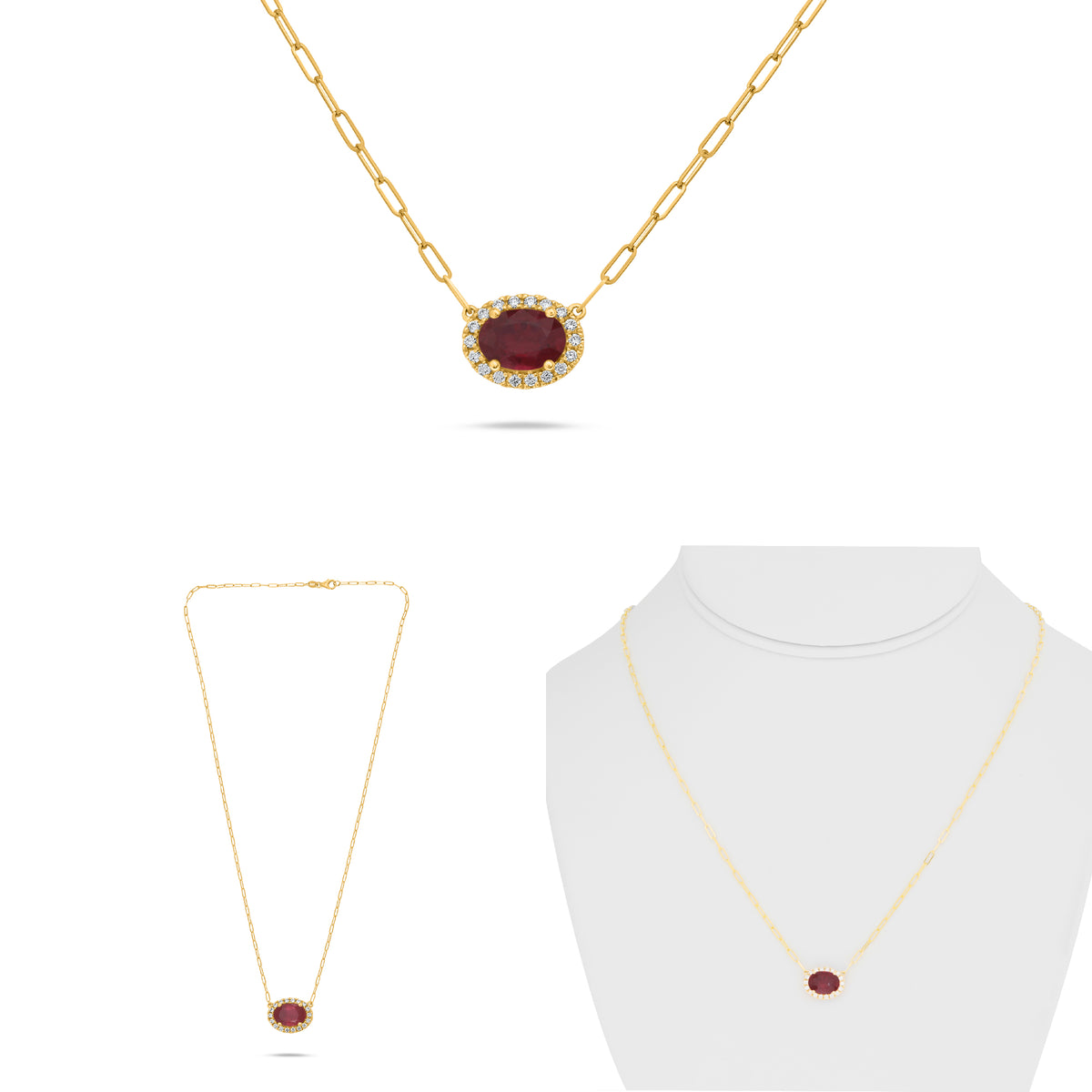 14K Yellow Gold Oval Ruby Halo Necklace
