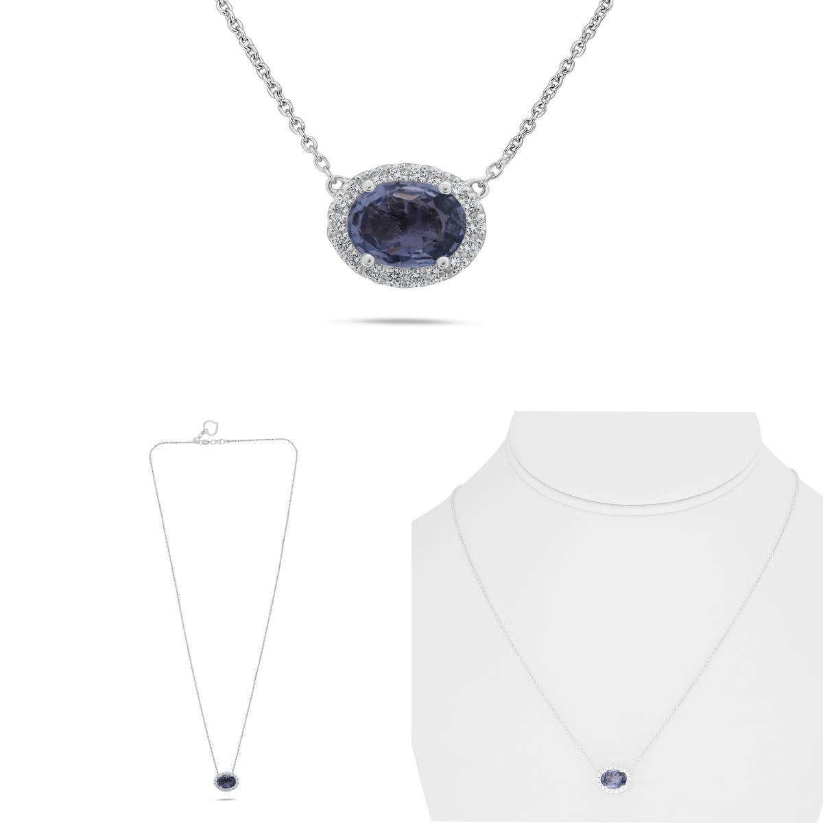 14K White Gold Oval Purple Sapphire Halo Necklace