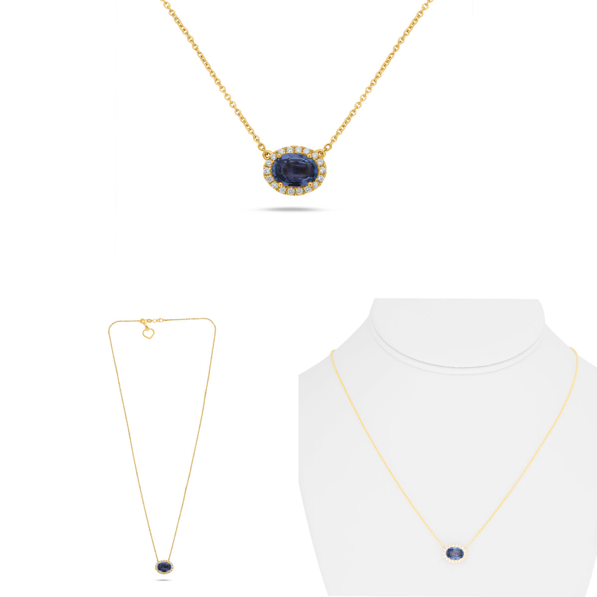 14K Yellow Gold Oval Sapphire Halo Necklace