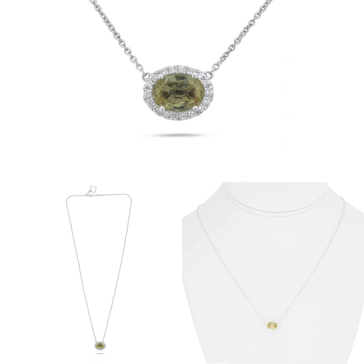 14K White Gold Oval Yellow Sapphire Halo Necklace