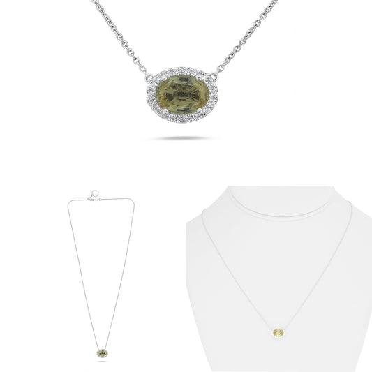 14K White Gold Oval Yellow Sapphire Halo Necklace