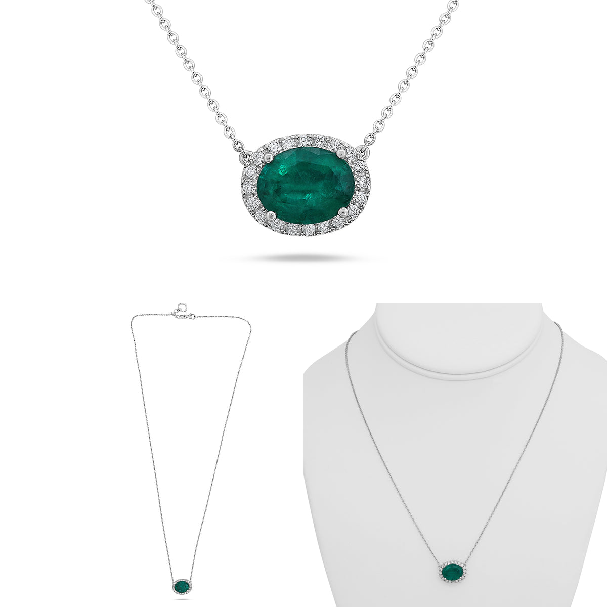 14K White Gold Oval Emerald Halo Necklace