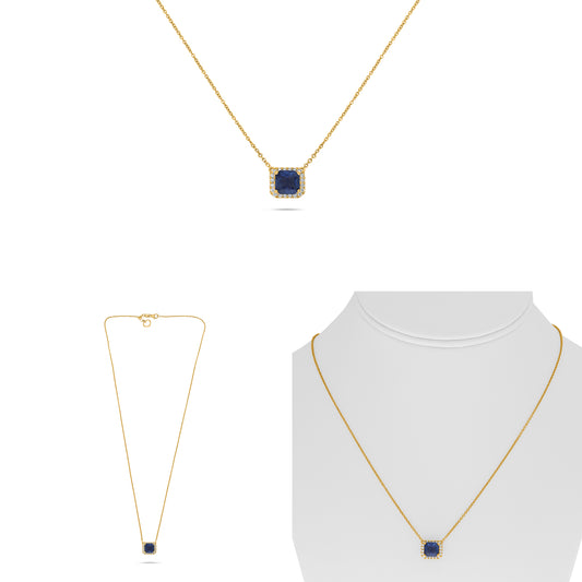 18K Yellow Gold Emerald Cut Sapphire Halo Necklace