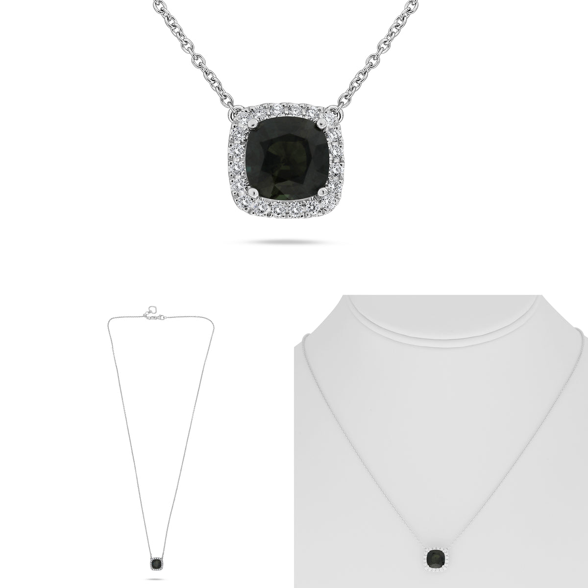 18K White Gold Cushion Green Sapphire Halo Necklace