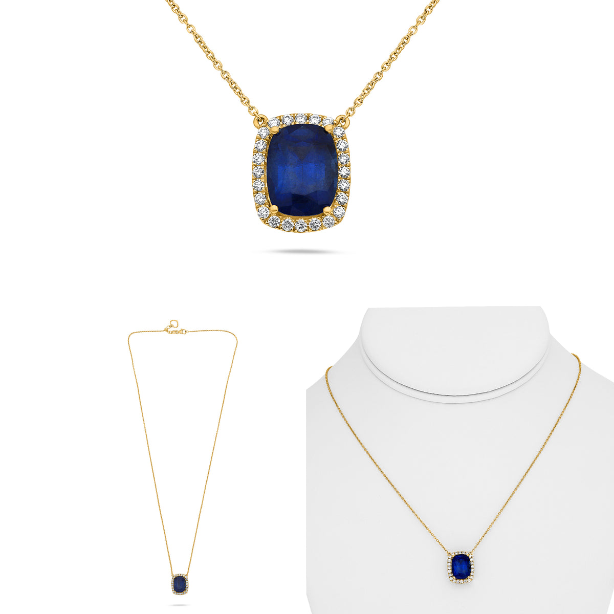 14K Yellow Gold Cushion Sapphire Halo Necklace
