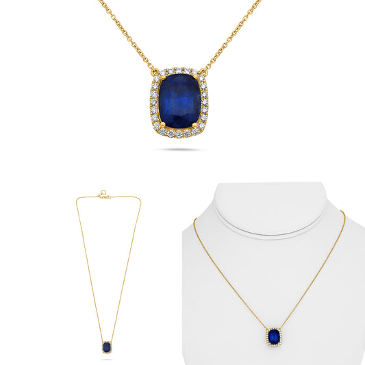 14K Yellow Gold Cushion Sapphire Halo Necklace