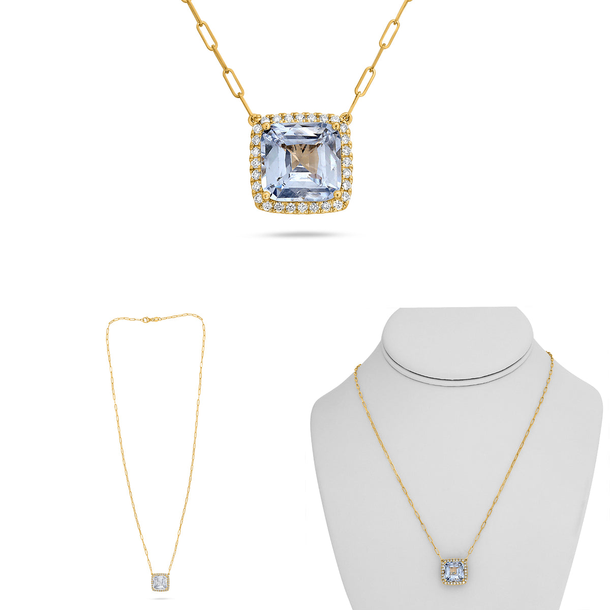14K Yellow Gold Cushion Sapphire Halo Necklace
