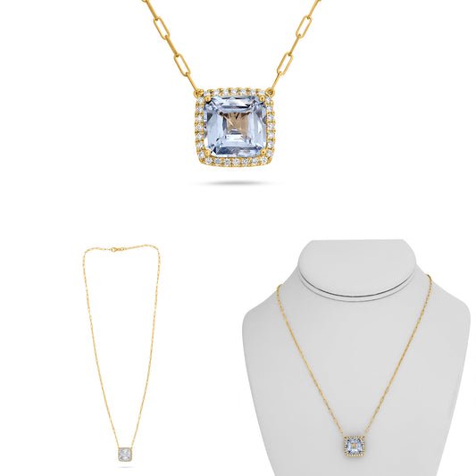 14K Yellow Gold Cushion Sapphire Halo Necklace