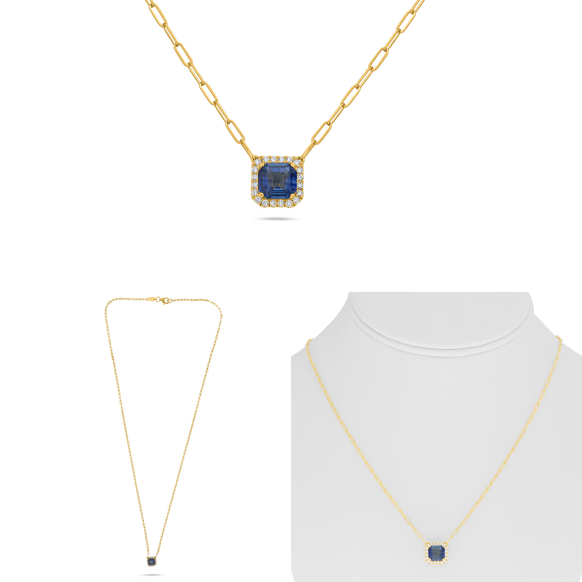 18K Yellow Gold Emerald Cut Sapphire Halo Necklace