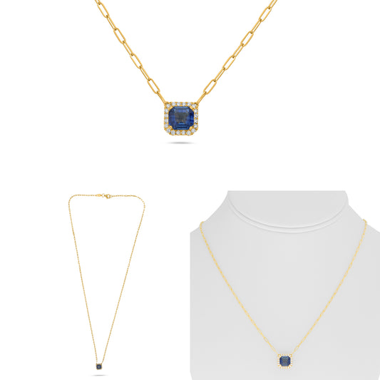 18K Yellow Gold Emerald Cut Sapphire Halo Necklace