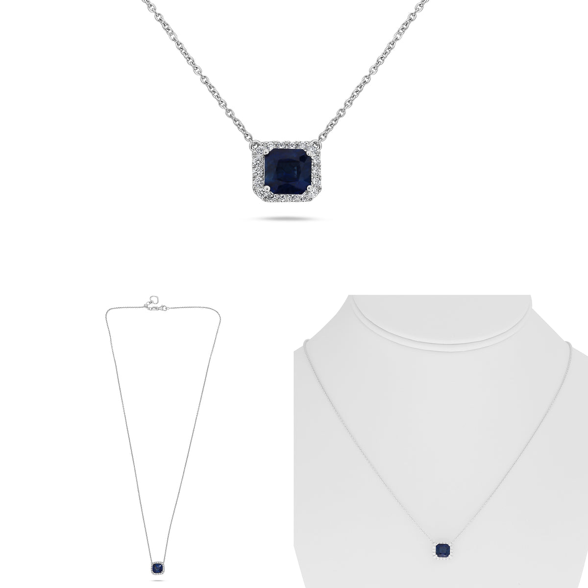 18K White Gold Emerald Cut Sapphire Halo Necklace