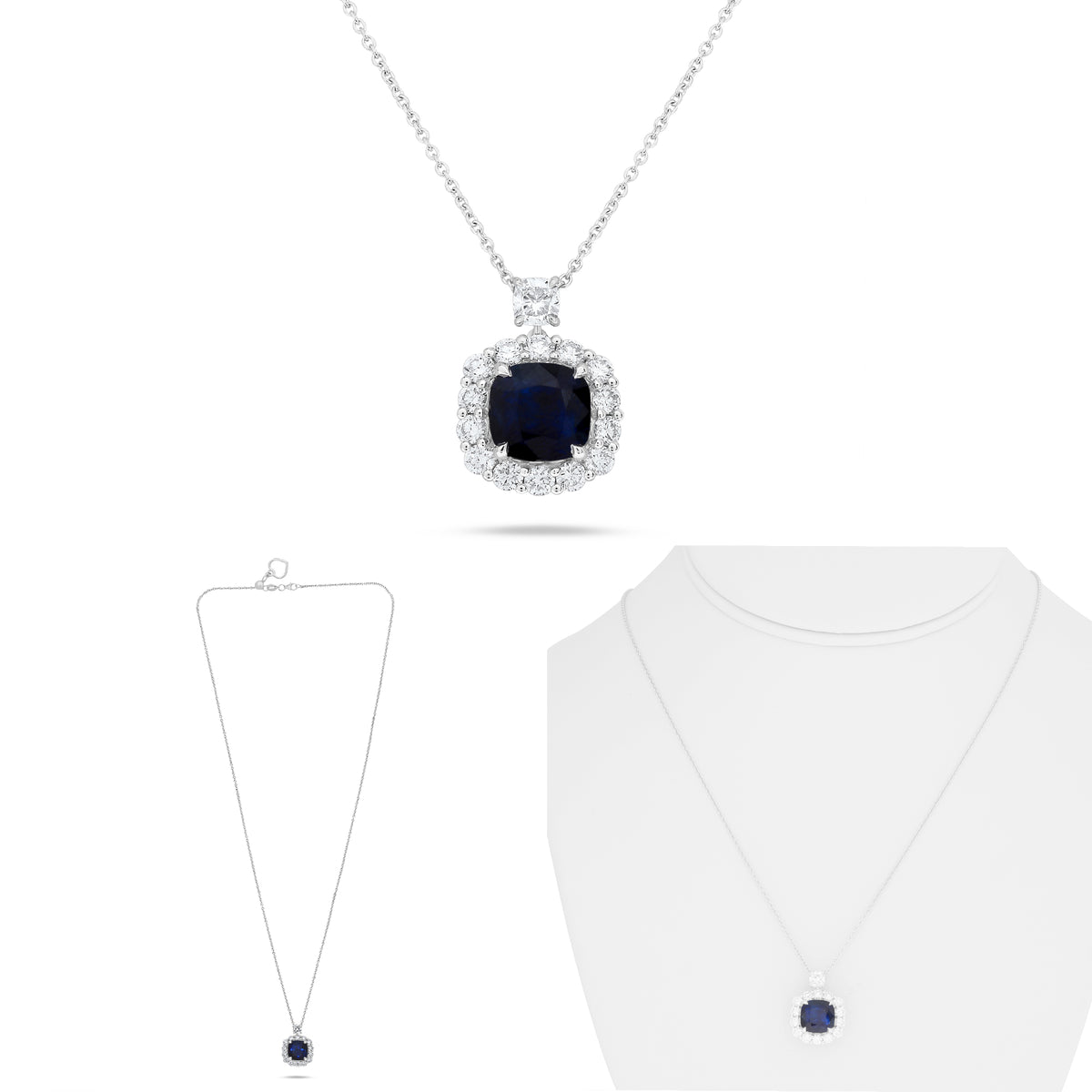 18K White Gold Cushion Sapphire Halo Necklace