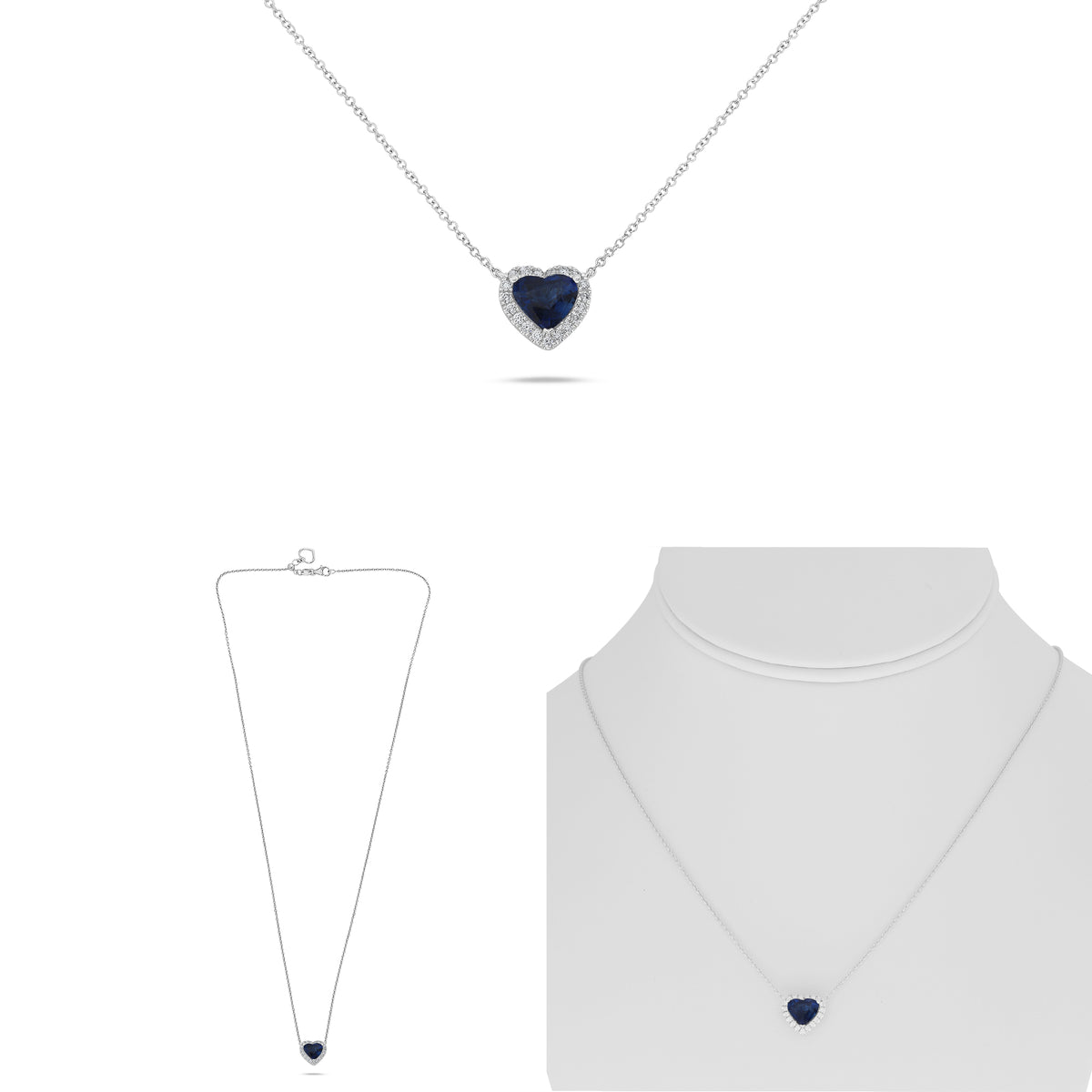 18K White Gold Heart Sapphire Halo Necklace