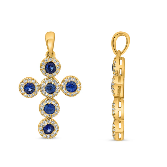 14K Yellow Gold Round Sapphire Halo Pendant