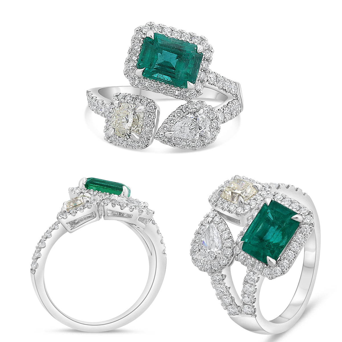 14K White Gold Emerald Cut Emerald Halo Ring
