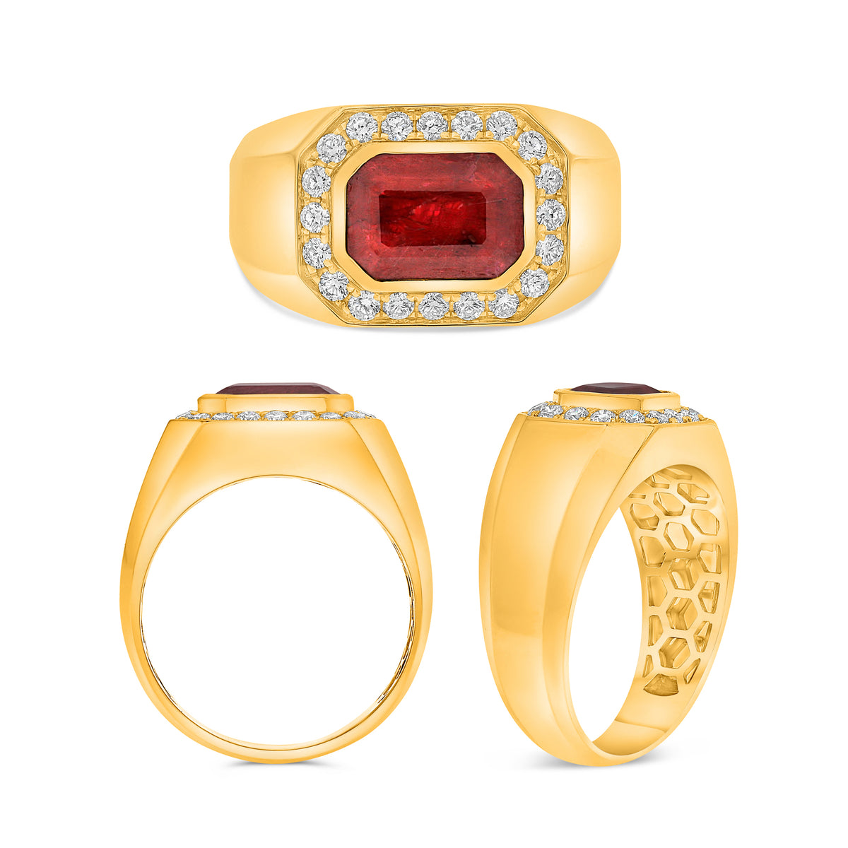 14K Yellow Gold Emerald Cut Ruby Halo Ring