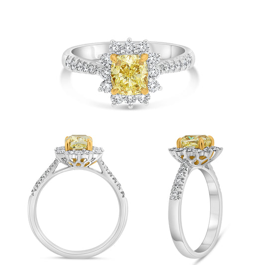 18K White & Yellow Gold Cushion Fancy Yellow Diamond Halo Ring
