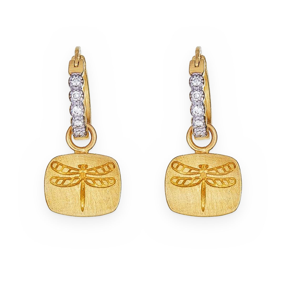 Two-tone gold dragonfly charm drop earrings with diamond huggie hoops