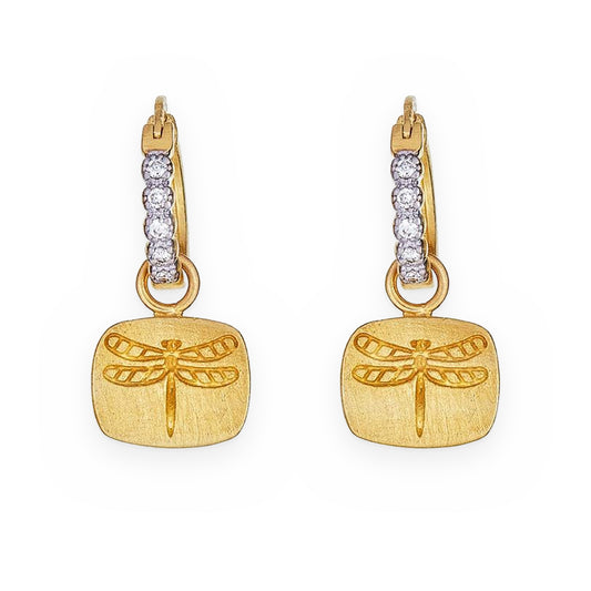Two-tone gold dragonfly charm drop earrings with diamond huggie hoops