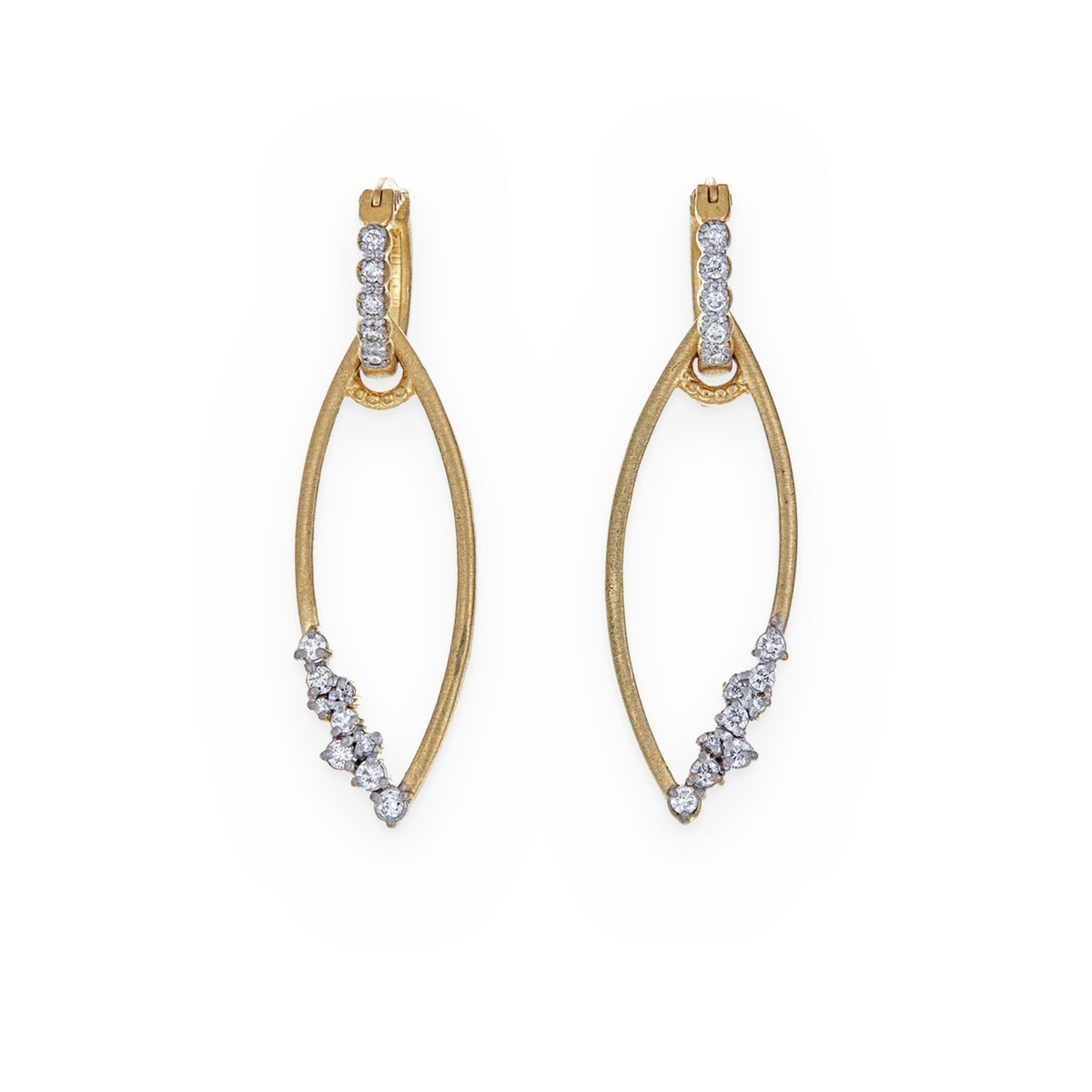 Two-tone gold marquise-shaped diamond drop earrings on huggie hoops