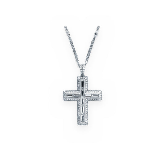 White gold baguette and round diamond cross pendant necklace