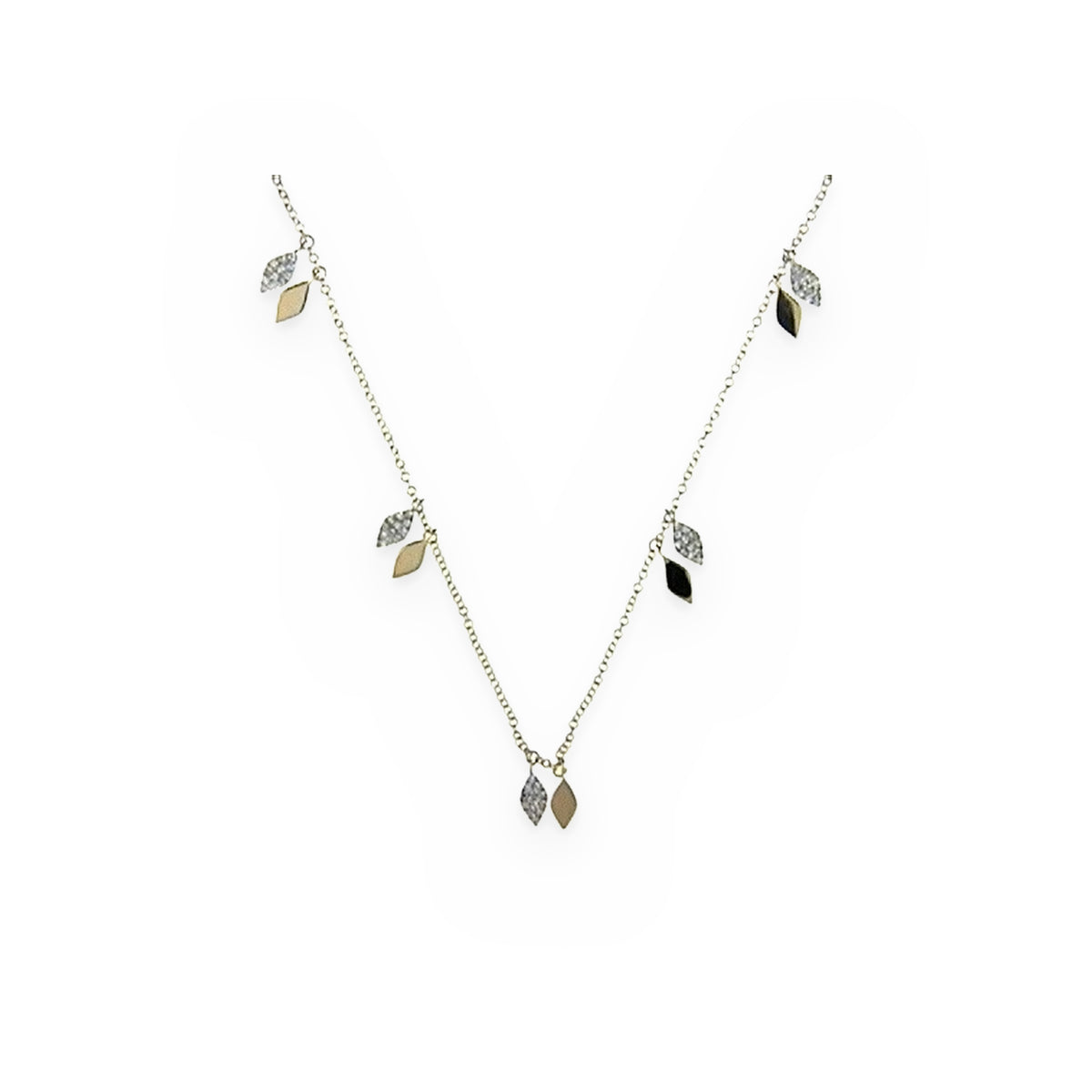 Two-tone gold diamond marquise-leaf charm station necklace