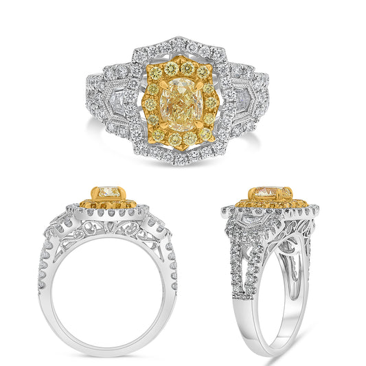 18K White & Yellow Gold Oval Fancy Yellow Diamond Halo Ring
