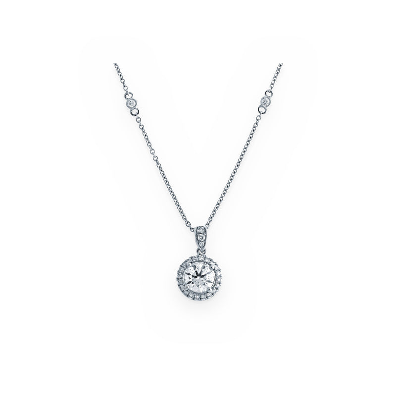 White gold round diamond halo pendant on a diamond-station chain
