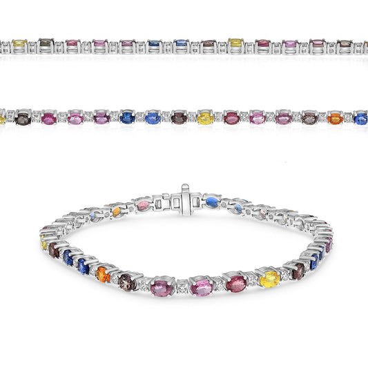 14K White Gold Oval Multi-Color Sapphire Bracelet
