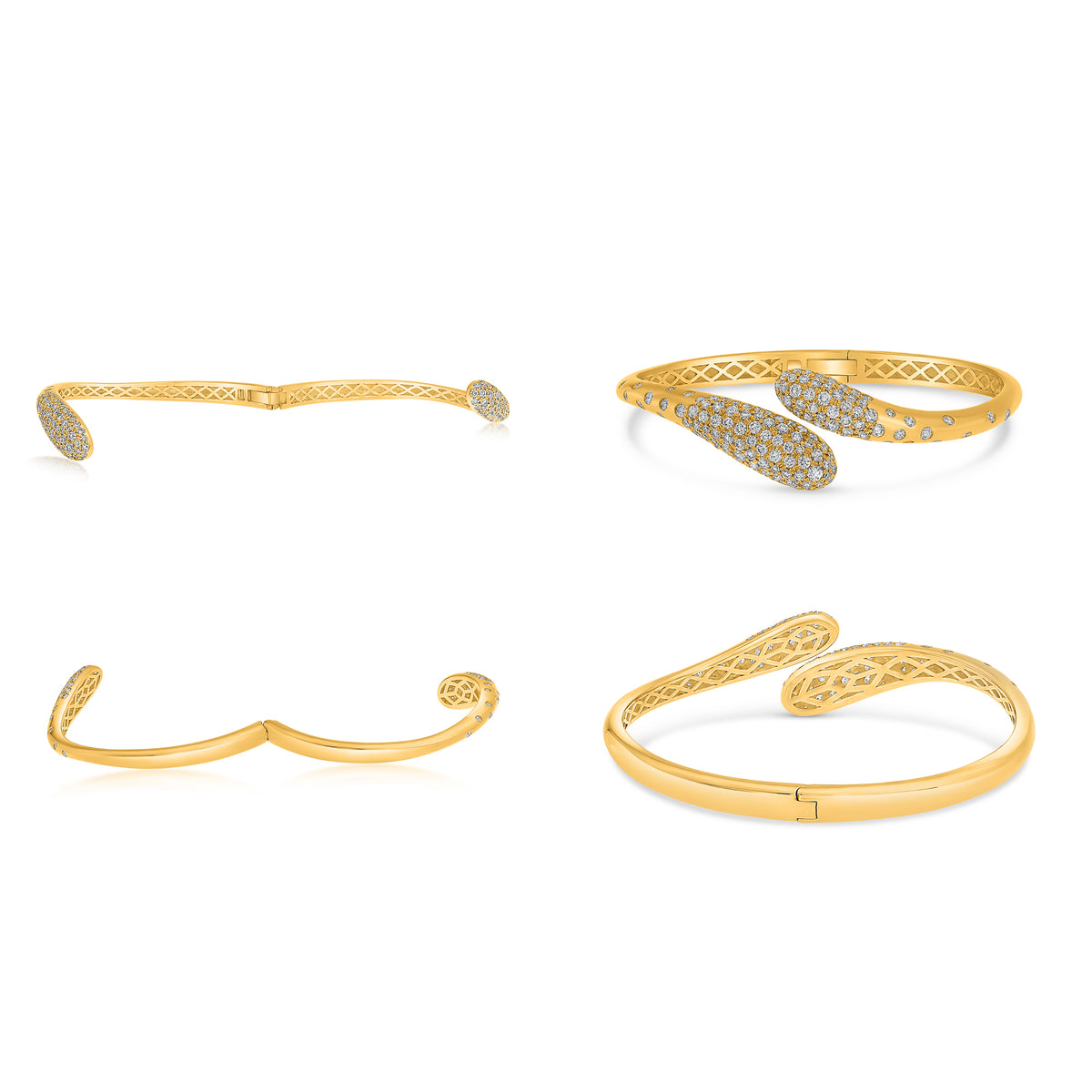 14K Yellow Gold Round Diamond Cluster Bangle