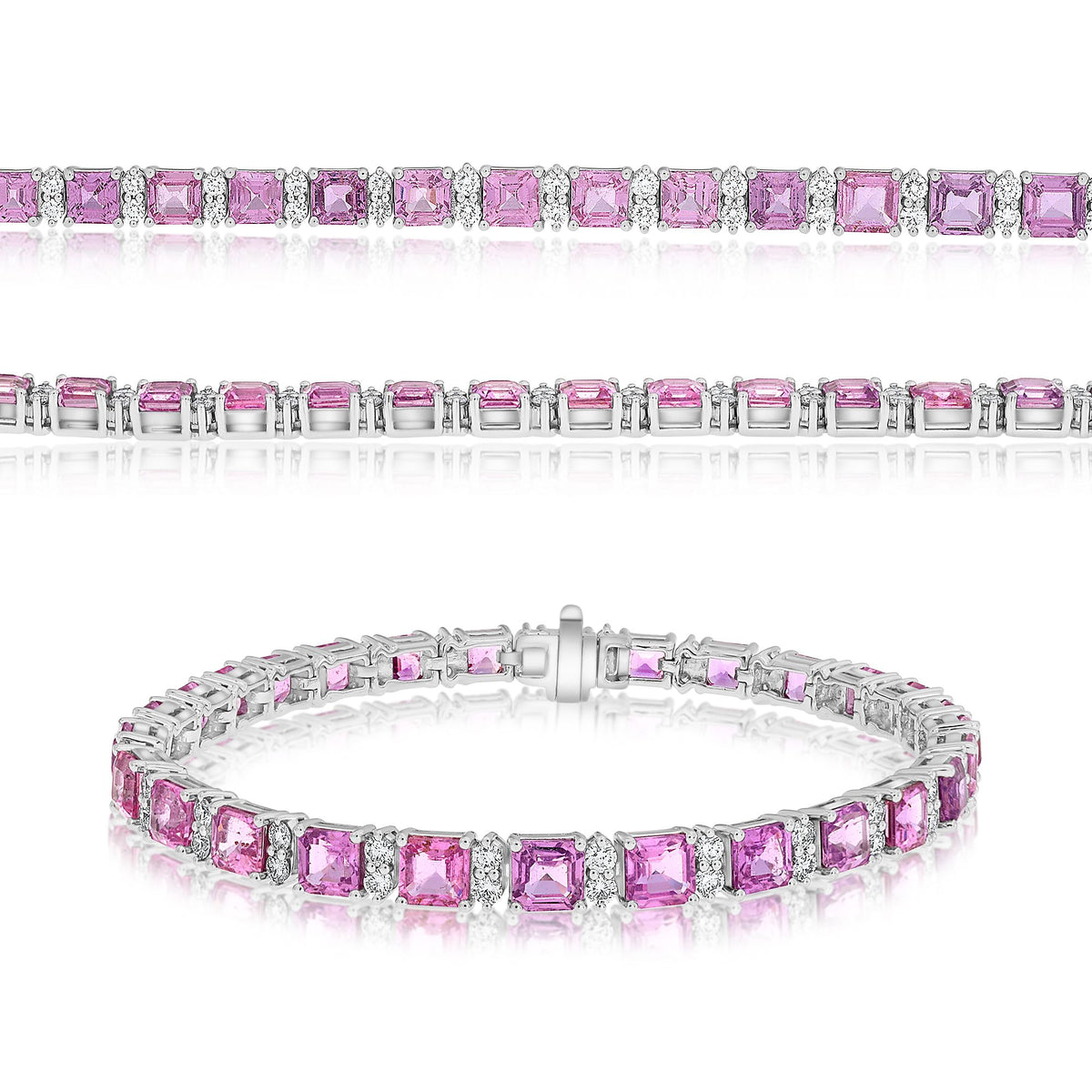 14K White Gold Emerald Cut Pink Sapphire Bracelet