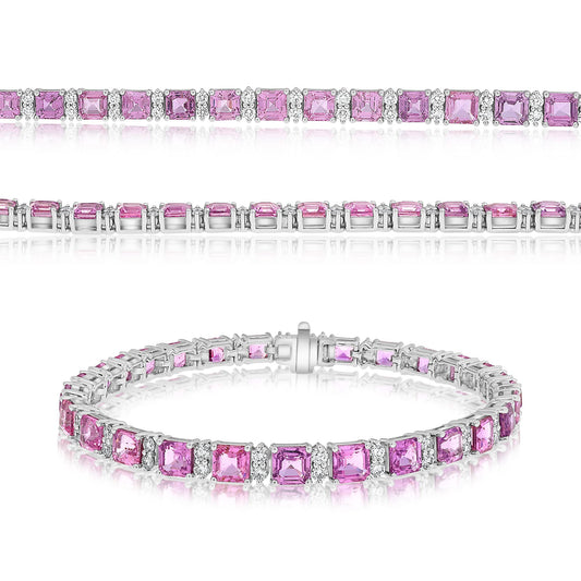 14K White Gold Emerald Cut Pink Sapphire Bracelet