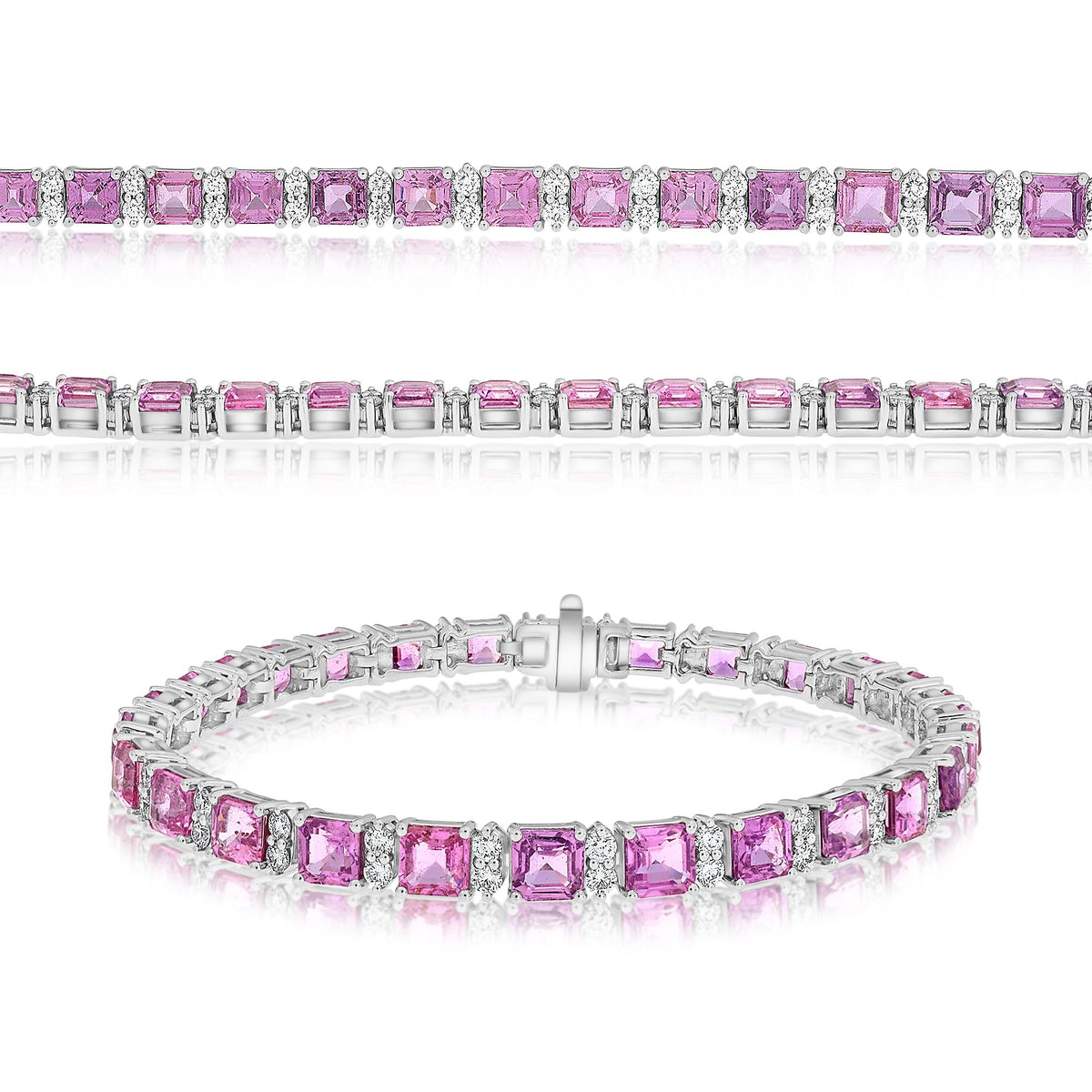 14K White Gold Emerald Cut Pink Sapphire Bracelet