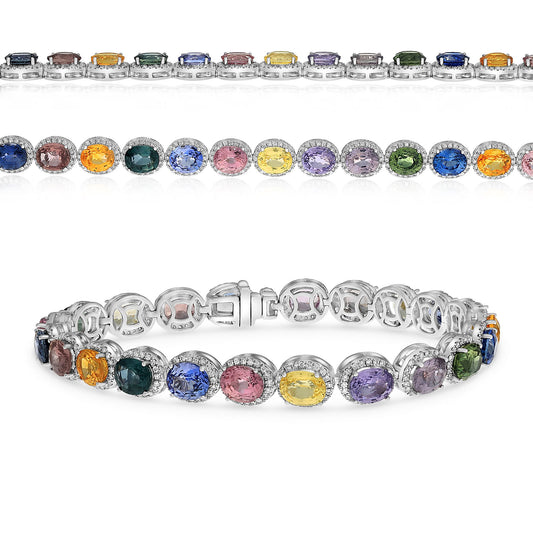 14K White Gold Oval Multi-Color Sapphire Halo Bracelet