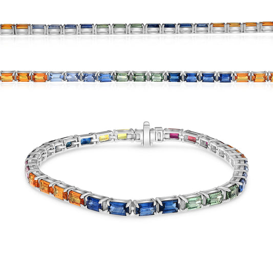 14K White Gold Emerald Cut Multi-Color Sapphire Bracelet