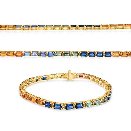 14K Yellow Gold Emerald Cut Multi-Color Sapphire Bracelet