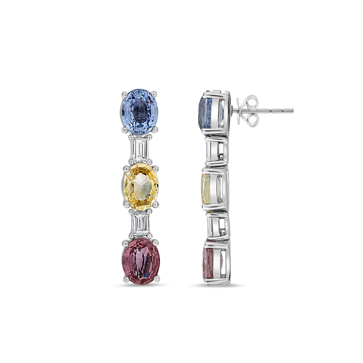 14K White Gold Oval Multi-Color Sapphire Earrings