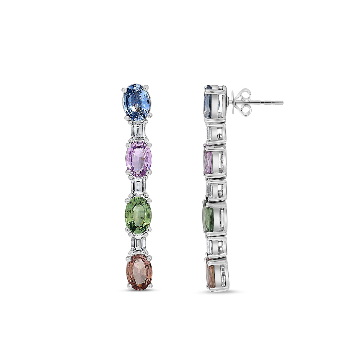 14K White Gold Oval Multi-Color Sapphire Earrings