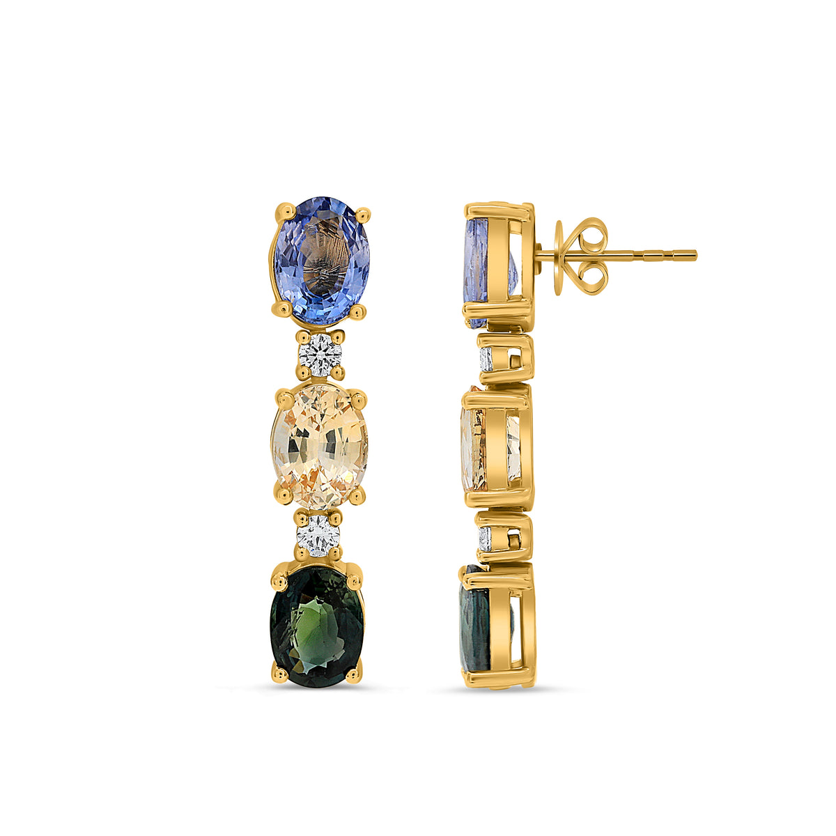 14K Yellow Gold Oval Multi-Color Sapphire Earrings