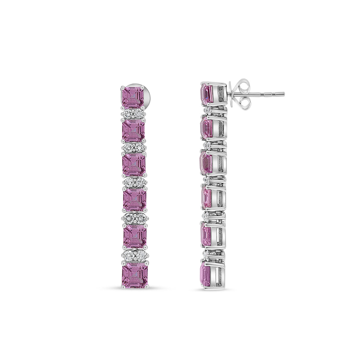 14K White Gold Emerald Cut Pink Sapphire Earrings