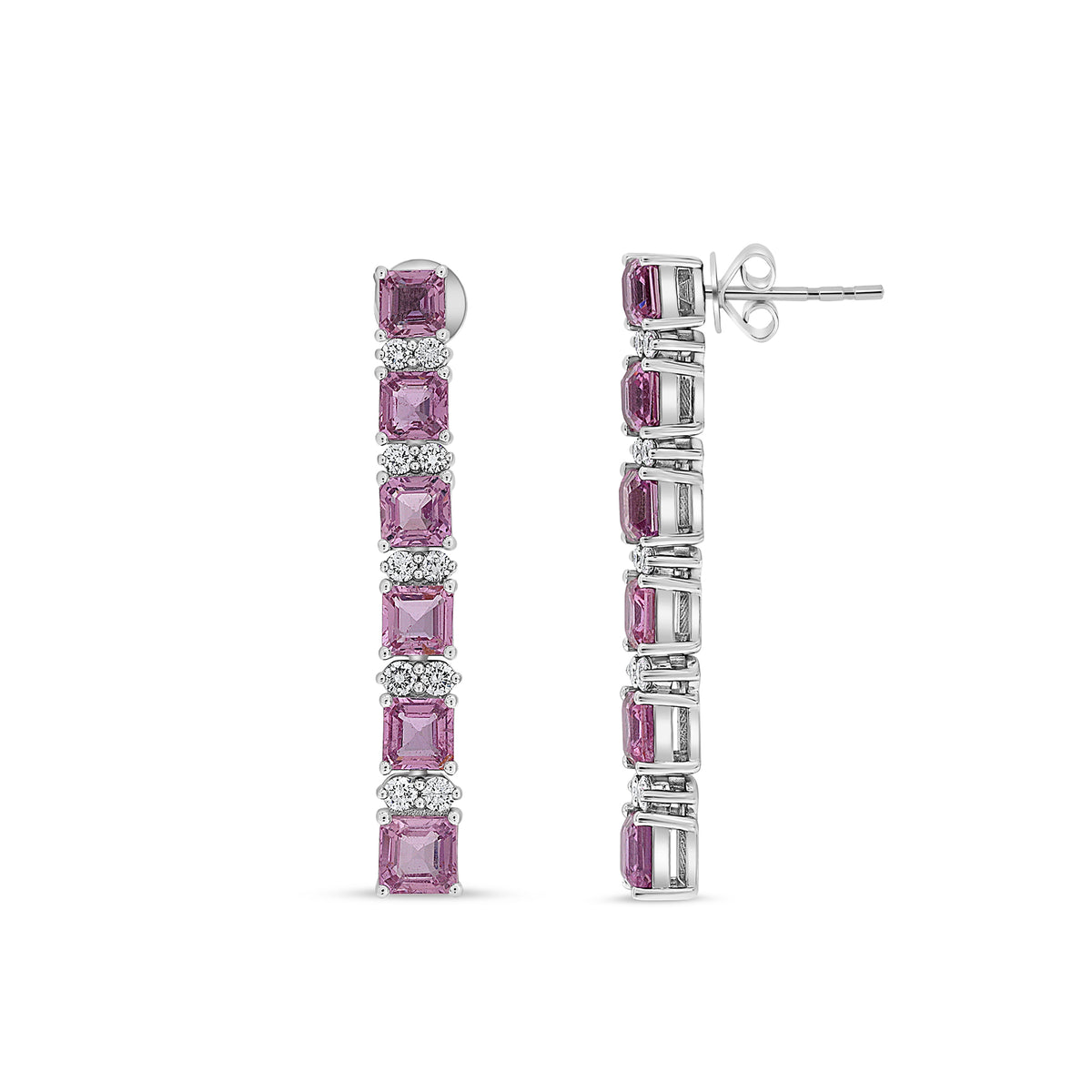 14K White Gold Emerald Cut Pink Sapphire Earrings