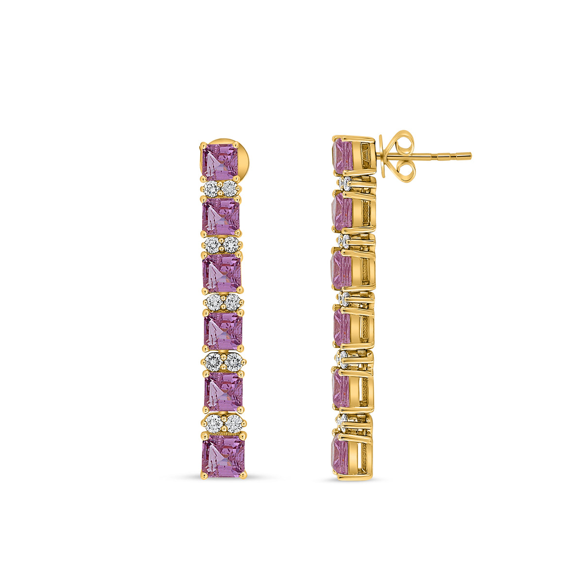 14K Yellow Gold Emerald Cut Pink Sapphire Earrings