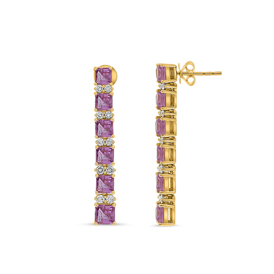 14K Yellow Gold Emerald Cut Pink Sapphire Earrings