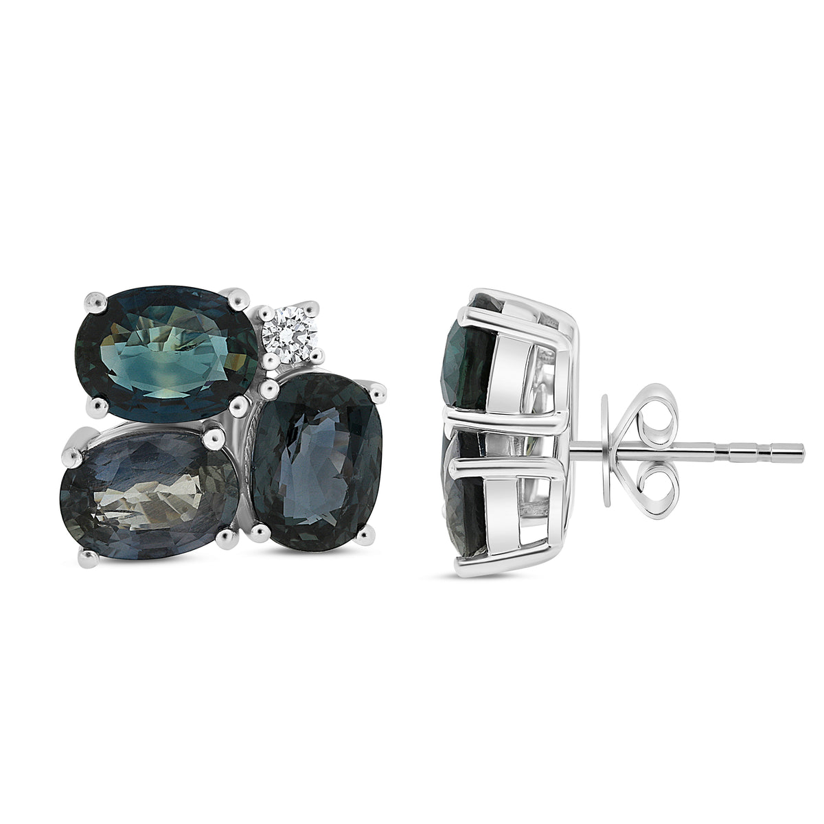 14K White Gold Oval Multi-Color Sapphire Cluster Earrings