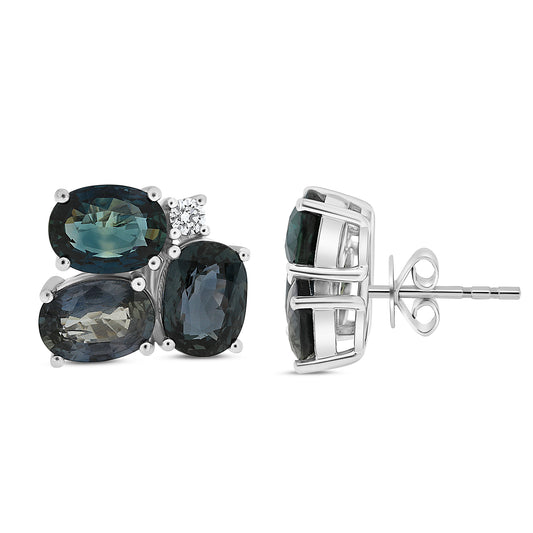 14K White Gold Oval Multi-Color Sapphire Cluster Earrings