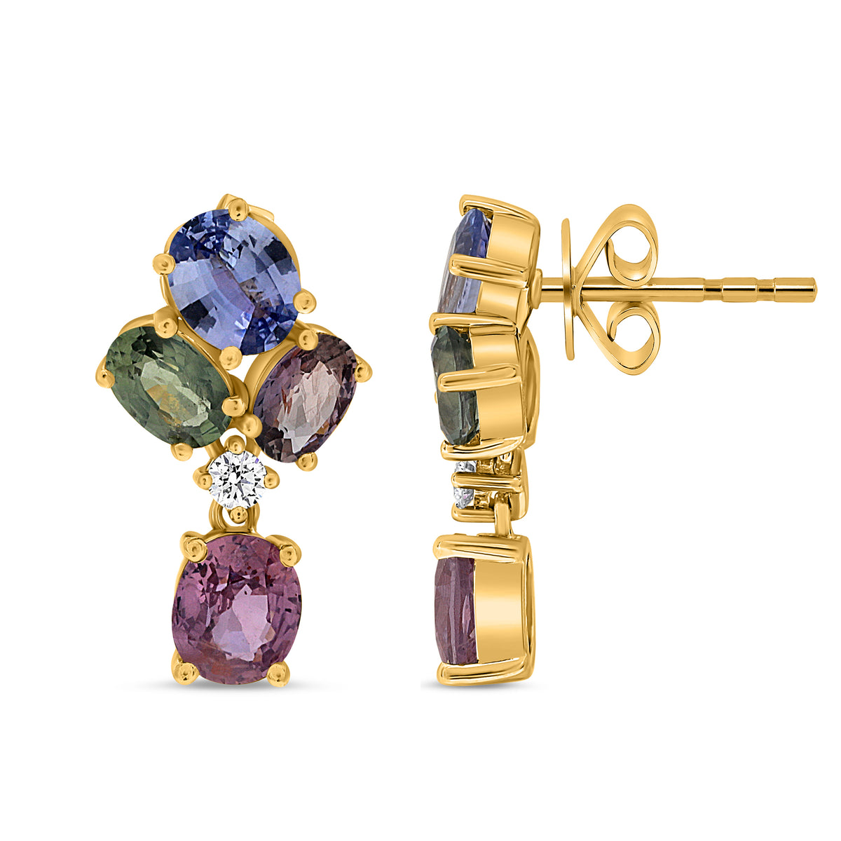 14K Yellow Gold Oval Multi-Color Sapphire Cluster Earrings
