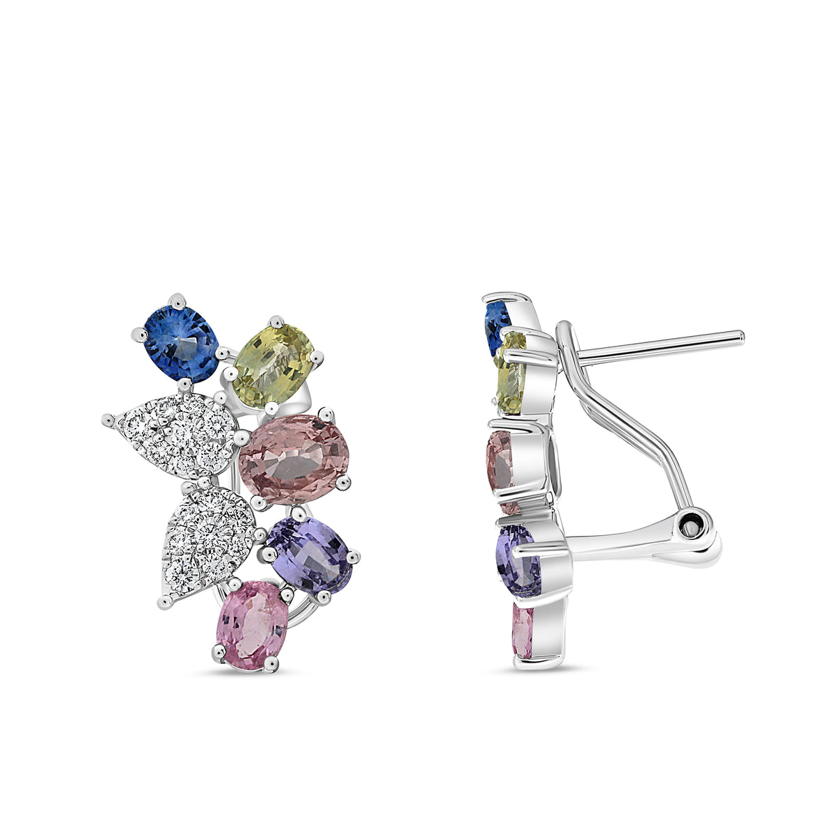 14K White Gold Oval Multi-Color Sapphire Cluster Earrings