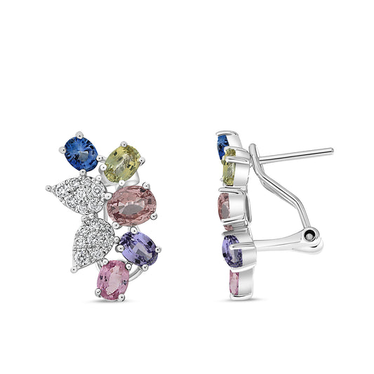 14K White Gold Oval Multi-Color Sapphire Cluster Earrings