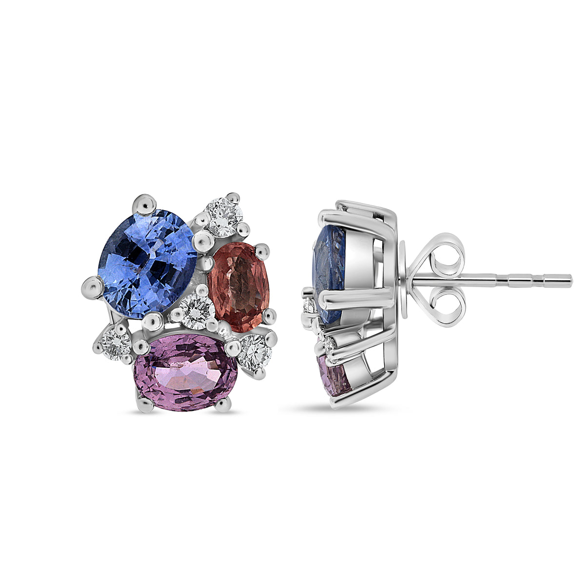 14K White Gold Oval Multi-Color Sapphire Cluster Earrings